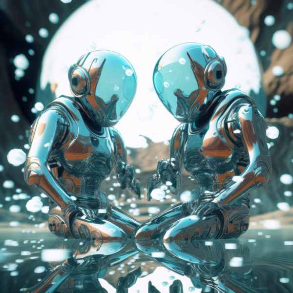 3d, cinema4d of two space suits with bubbles on them, in the style of futurist, dark cyan and white, daz3d, jon foster, light academia, mirrored, --stylize 50 --v 5.2
