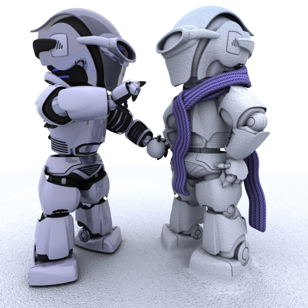 3D render of a robot building a snowman