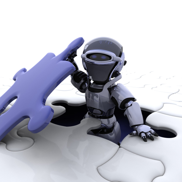 3D render of a robot with the final piece of the jigsaw puzzle